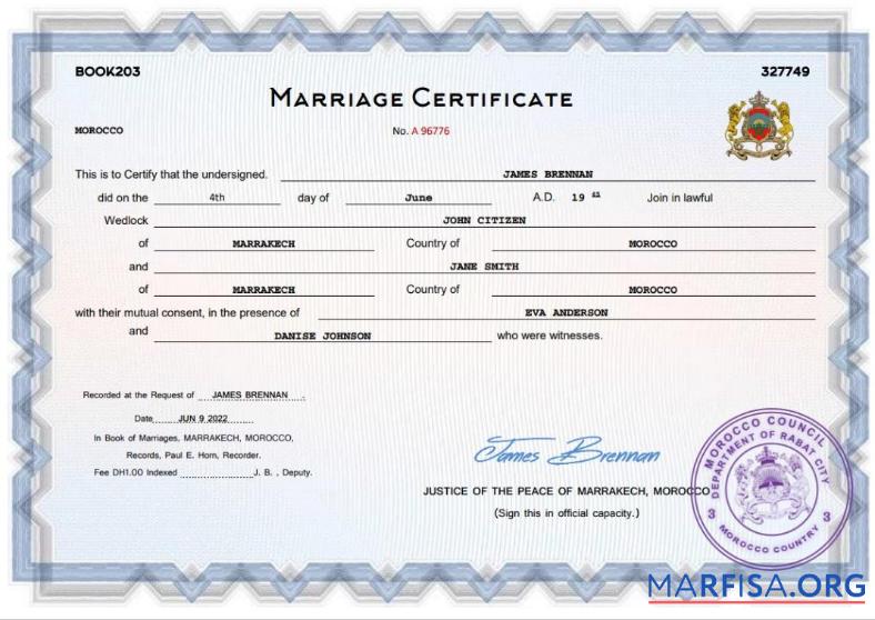 Printable Morocco marriage certificate Word and PDF template